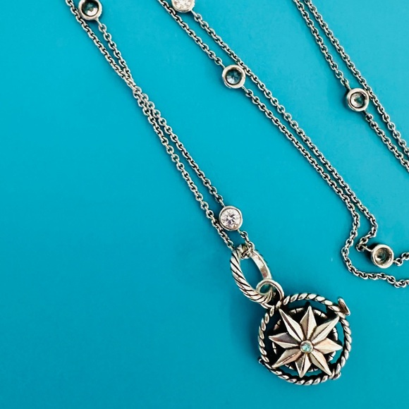 BRIGHTON ~ Long Necklace w/Crystals Silver Compass Pendant Blue Small Stone - Picture 6 of 9